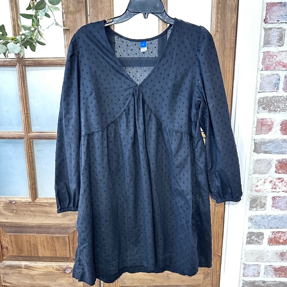 Old Navy Black Swiss Dot Long Sleeve V Neck‎ Babydoll Mini Dress Size M